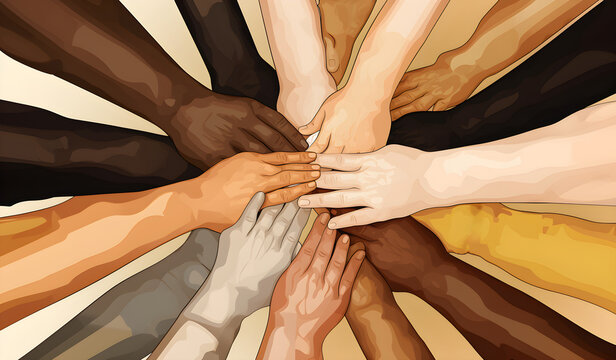 A group of multiethnic people putting their hands on top of each other, Diversity concept.