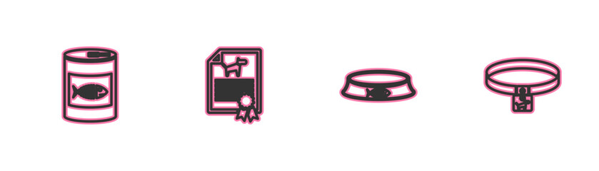 Set line Canned food for cat, Pet bowl, Certificate dog and Dog collar icon. Vector