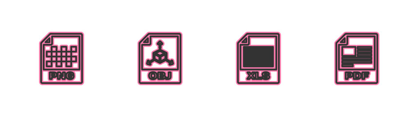 Set line PNG file document, XLS, OBJ and PDF icon. Vector