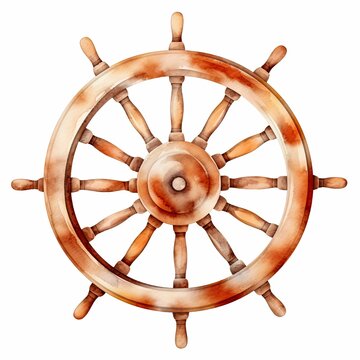 AI generated illustration of a wooden ship wheel on a white background