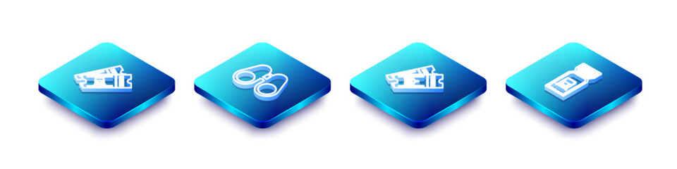 Set Isometric line Train ticket, Binoculars, Airline and icon. Vector