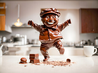 A happy chocolate character man dancing on the kitchen table