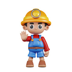 3d Character Miner Doing The Stop Sign Pose. 3d render isolated on transparent backdrop.