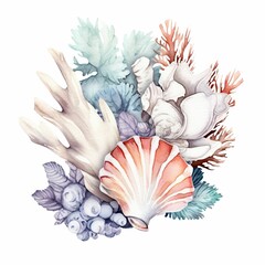 AI generated illustration of a collection of colorful shells and corals on a white background