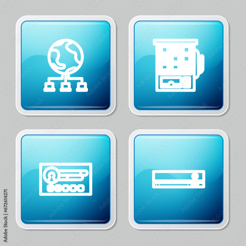 Poster set line computer network, slot machine, create account screen and video game console icon. vector