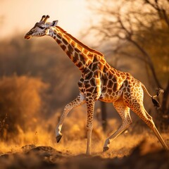 AI generated illustration of a giraffe striding across a sun-baked desert landscape