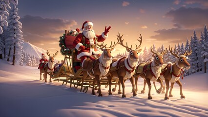 santa claus with gifts drive reindeers to town - obrazy, fototapety, plakaty