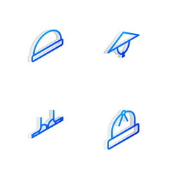 Set Isometric line Asian conical hat, Beanie, Bra and Winter icon. Vector