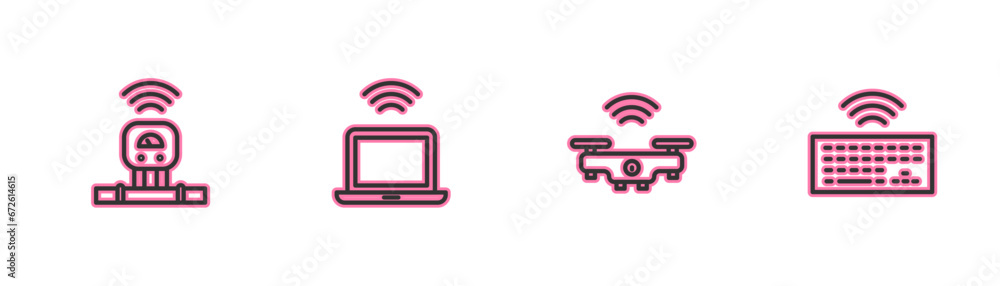 Poster set line smart sensor, drone, wireless laptop and keyboard icon. vector