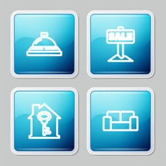 Set line Hotel service bell, Hanging sign with Sale, House key and Sofa icon. Vector