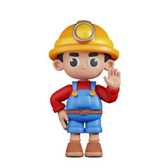 3d Character Miner Hands Up Pose. 3d render isolated on transparent backdrop.