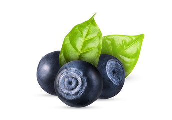 Tasty ripe bilberries and green leaves isolated on white
