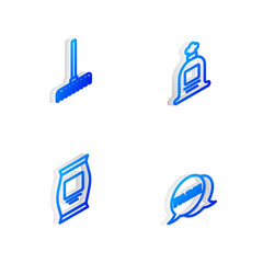 Set Isometric line Full sack, Garden rake, Fertilizer bag and Speech bubble with Farm icon. Vector