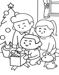 The happy family celebrating Boxing day in their home, for Coloring page cartoon style.
