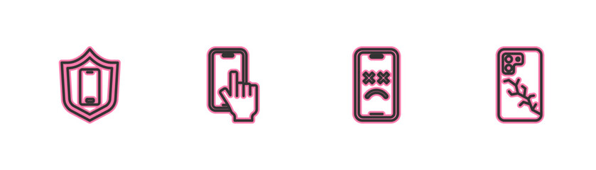 Set line Mobile with shield, Dead mobile, Phone repair service and broken screen icon. Vector