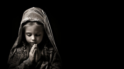 Retratos de niños rezando sobre fondo negro - obrazy, fototapety, plakaty