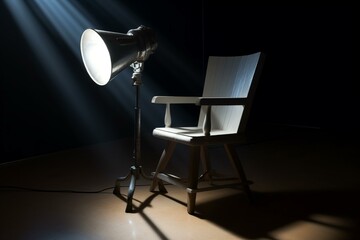 Chair, clapper, megaphone in the volumetric light. Generative AI