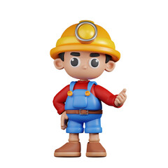 3d Character Miner Pointing Next Pose. 3d render isolated on transparent backdrop.