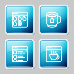 Set line Browser files, Cup of tea with tea bag, and Software icon. Vector