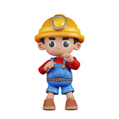 3d Character Miner Ready To Fight Pose. 3d render isolated on transparent backdrop.