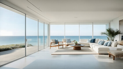 Fototapeta na wymiar A minimalistic, coastal beach house with an open layout and a palette of whites and blues.