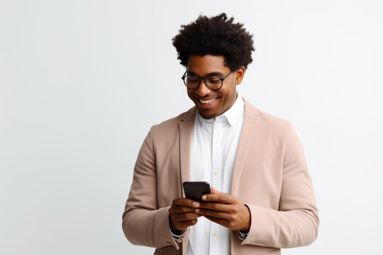 A smiling mixed-race African-American entrepreneur watching something on his smartphone while standing against white background