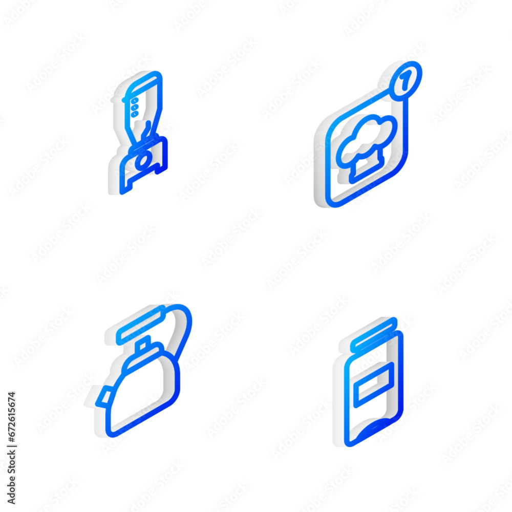 Poster set isometric line chef hat, blender, kettle with handle and jam jar icon. vector