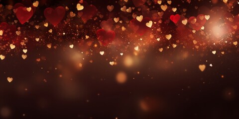 Golden bokeh in the shape of hearts on red background. Celebrating Valentine's day. - obrazy, fototapety, plakaty