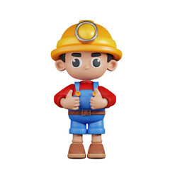3d Character Miner Showing Thumbs Up Pose. 3d render isolated on transparent backdrop.