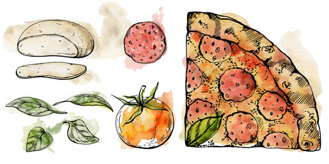 Hand drawn watercolor ink illustration. Pepperoni pizza slice, mozzarella tomato basil, Italian cuisine. Set of objects isolated on white. Design restaurant menu, cafe, food shop package, flyer print.