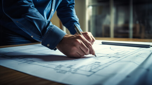 Architect's hands tracing blueprint with ruler close-up.