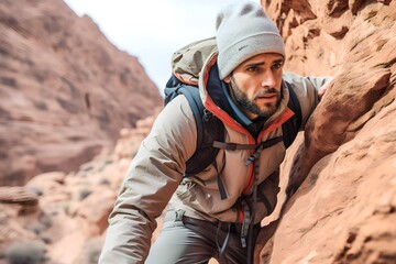 Naklejka premium Young South Asian man in sportswear rock climbing