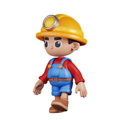 3d Character Miner Walking Pose. 3d render isolated on transparent backdrop.