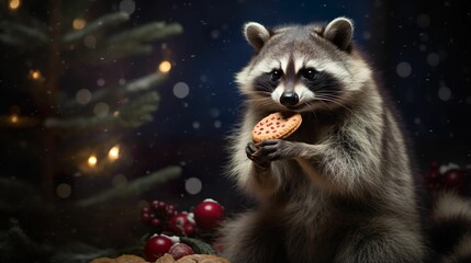 Obraz premium AI generated illustration of a raccoon eating Christmas cookies