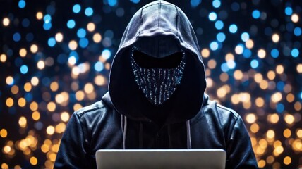 The hacker digital face with hoodie and bokeh background.