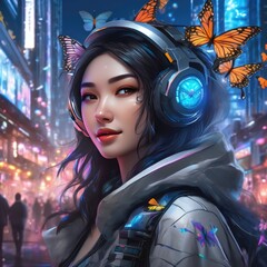 Заголовок: A girl in a megalopolis and butterflies. The girl is Asian. A girl with headphones listening to music, laughing surrounded by butterflies. The girl is in love, Butterflies in her stomach