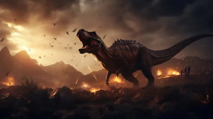 Tuinposter Illustration of the era of dinosaurs becoming extinct, ancient forest, meteors falling on the earth, dinosaurs running around, dramatic light and shadows, hyper realistic nature photo © Maizal