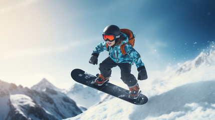 Fototapeta na wymiar child snowboarding in winter mountains