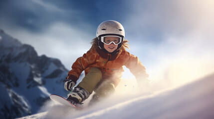 child snowboarding in winter mountains - obrazy, fototapety, plakaty