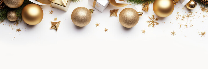 Festive Christmas or New Year white background with decorations and a fir tree. Top view.