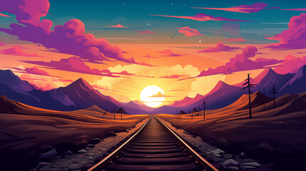 railway in amazing landscape with dramatic sky at sunset - obrazy, fototapety, plakaty