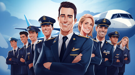 The team of pilots and flight attendants stand with the airplane in the background, responsible for ensuring a safe and comfortable flight