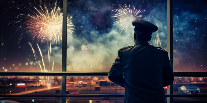 Pilot watching fireworks from airport lounge window.