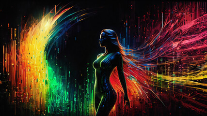 Binary Symphony: Fusion of Tech and Beauty - A Vibrant Canvas Illuminated by Cascading Colors of Binary Code, Creating the Silhouette of a Captivating Woman, the Dynamic Lines and Patterns Dance Toget