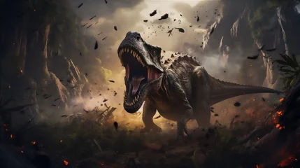 Foto op Plexiglas Illustration of the era of dinosaurs becoming extinct, ancient forest, meteors falling on the earth, dinosaurs running around, dramatic light and shadows, hyper realistic nature photo © Maizal