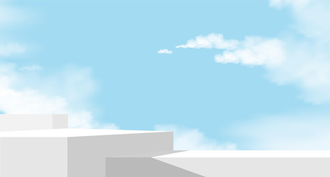Sky Blue and Cloud Background,3D Podium Display Step on Summer Sky,Vector Scene White,Grey Platform Showcase Mockup for cosmetic product presentation,Website Banner for Spring,Summer Sale,Promote