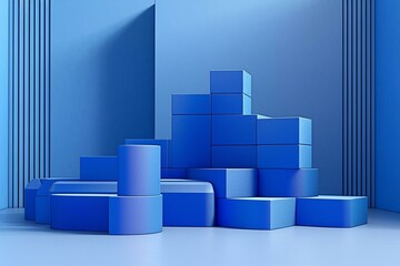 Blue geometric podium for showcasing products. Generative AI