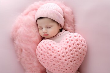 Newborn baby girl is sleeping in bed