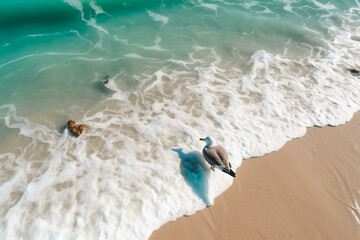 Beach seagull, sunlight, turquoise water. Overhead view. Generative AI