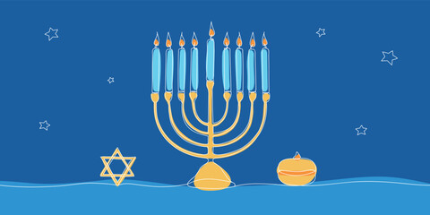 Hanukkah menorah outline background with star and sufganiyot filled doughnut. Jewish traditional candle holder with lights. Minimal Chanukah banner template. Vector illustration isolated on white